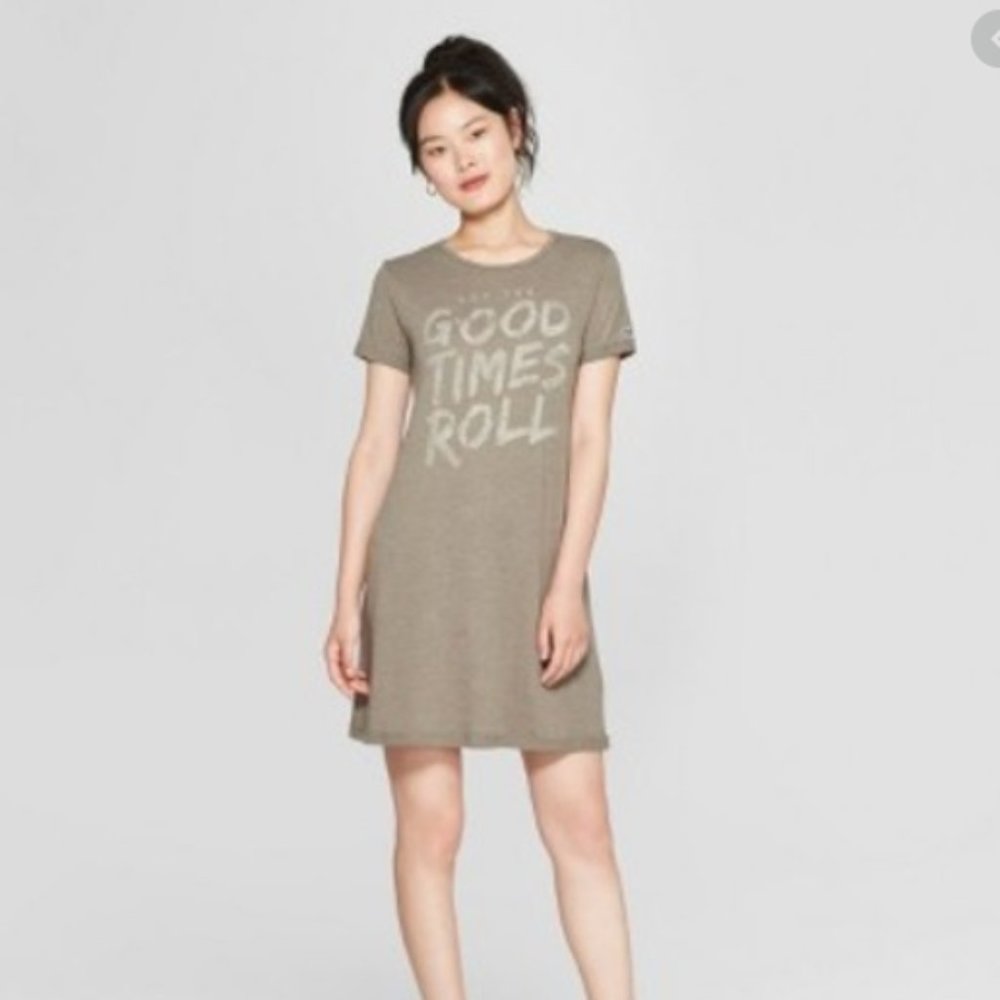 Short Sleeve Good Times Roll T-Shirt Dress-79-27